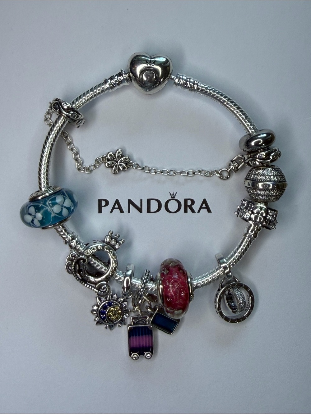 Pandora Silver Bracelet with Blue, Pink & Teal Murano Beads